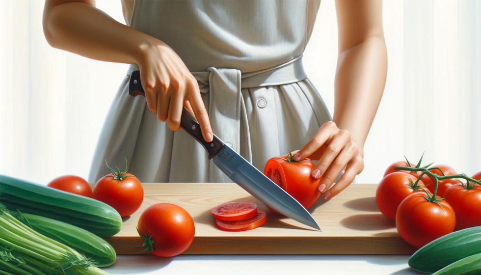 包丁を使ってキッチンで女性がトマトを切る様子