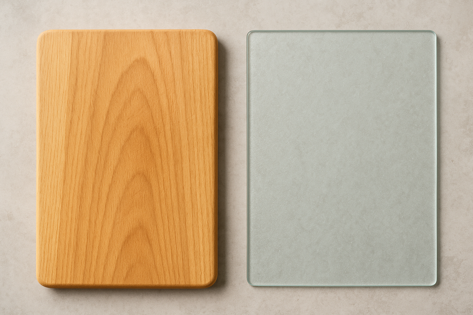 包丁に優しい木製のまな板と、刃を傷めるガラス製まな板の比較