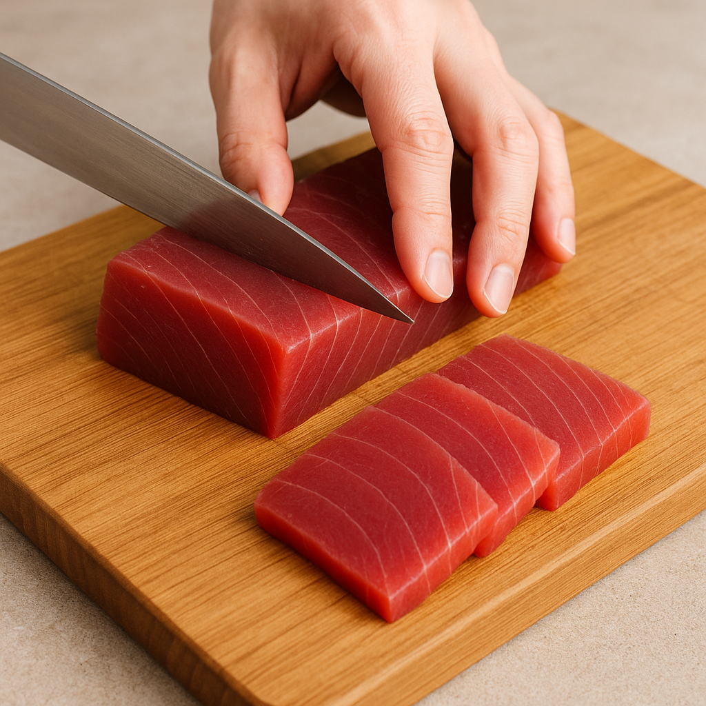 柳刃包丁で刺身を引く職人の手元