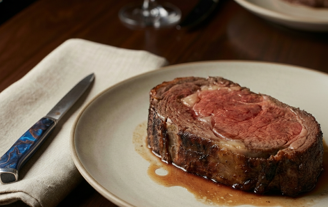 高級和牛の傍らに添えられた、實光の1本5万円の美しいステーキナイフ