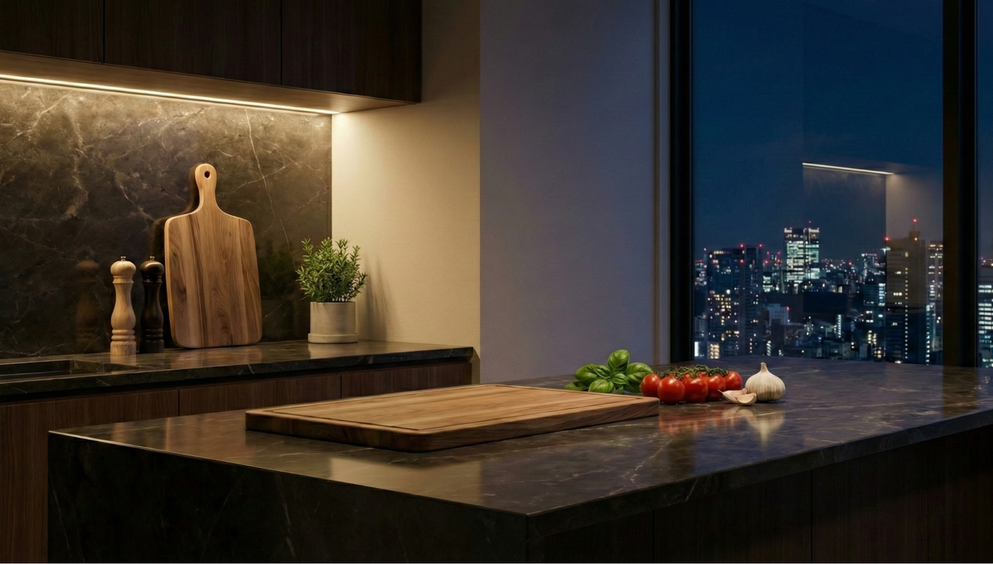 都心の夜景を背景に、タワーマンションの高級キッチンカウンター