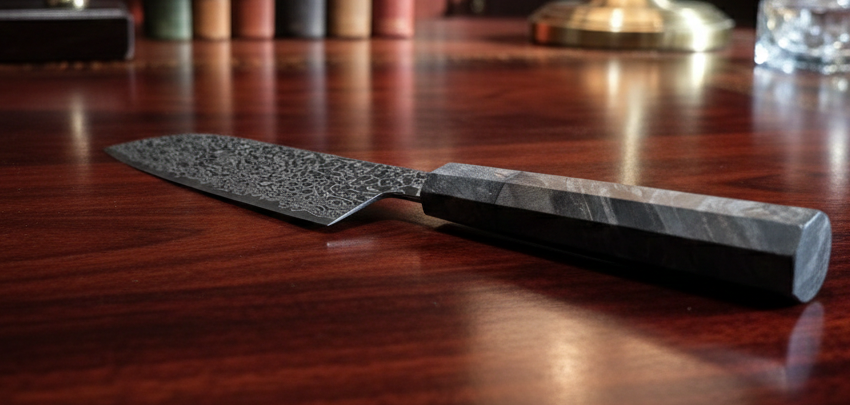 書斎のデスクに置かれた實光の高級牛刀。ビジネスシーンにも馴染む美術品のような佇まい