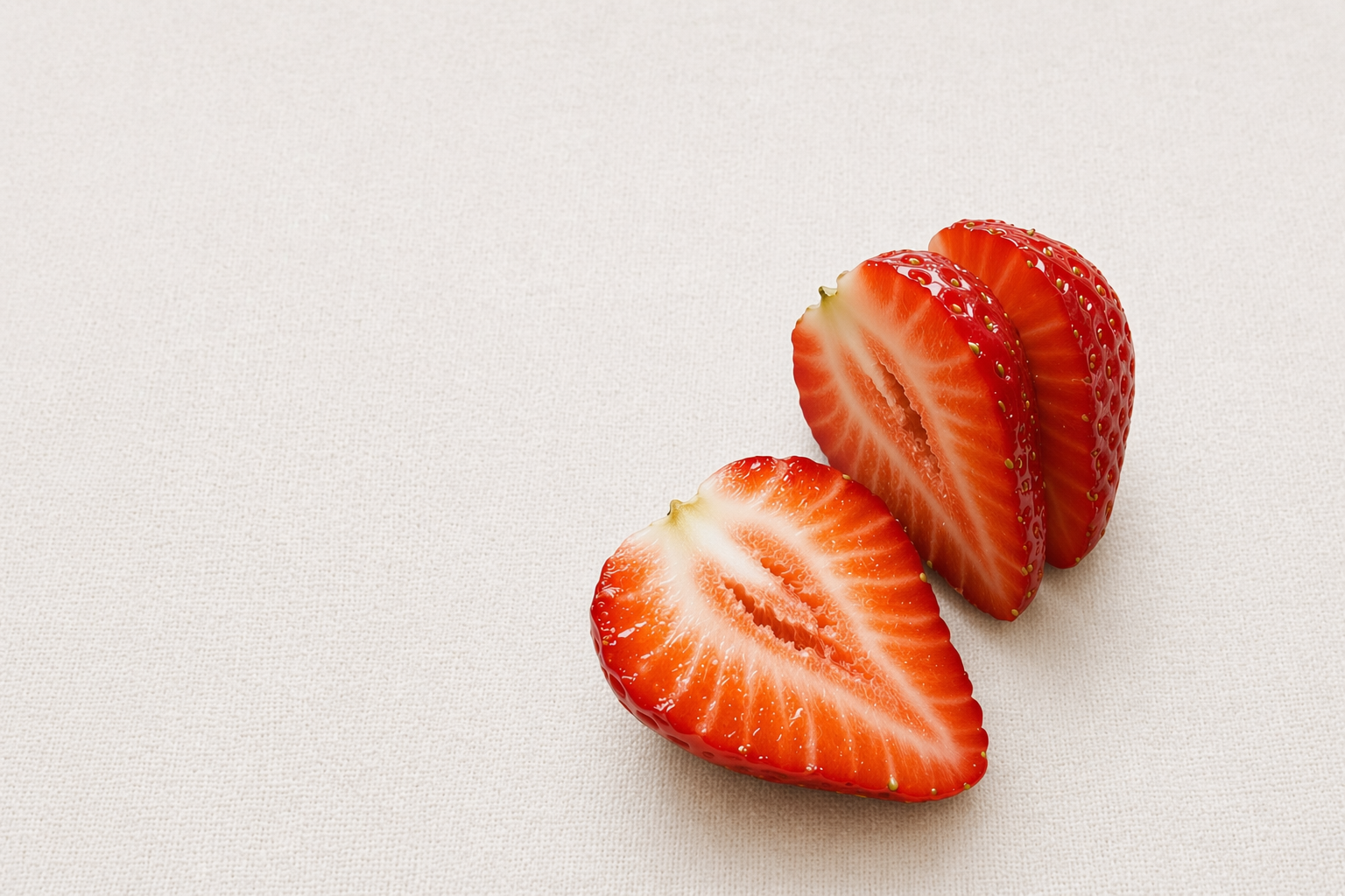 實光のペティナイフで切断された、みずみずしいイチゴの滑らかな断面のクローズアップ