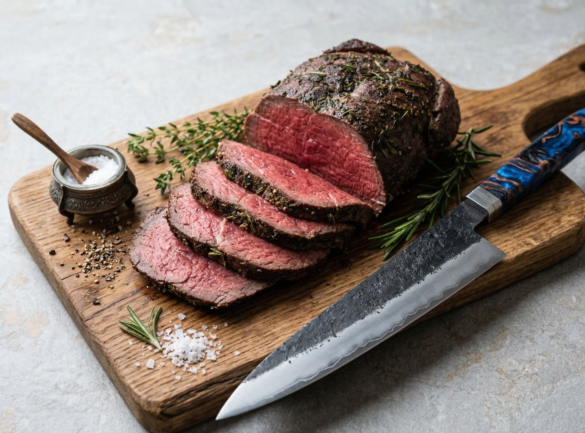 實光の牛刀で、肉汁を一切逃さずに分厚いステーキ肉を美しくスライスする瞬間