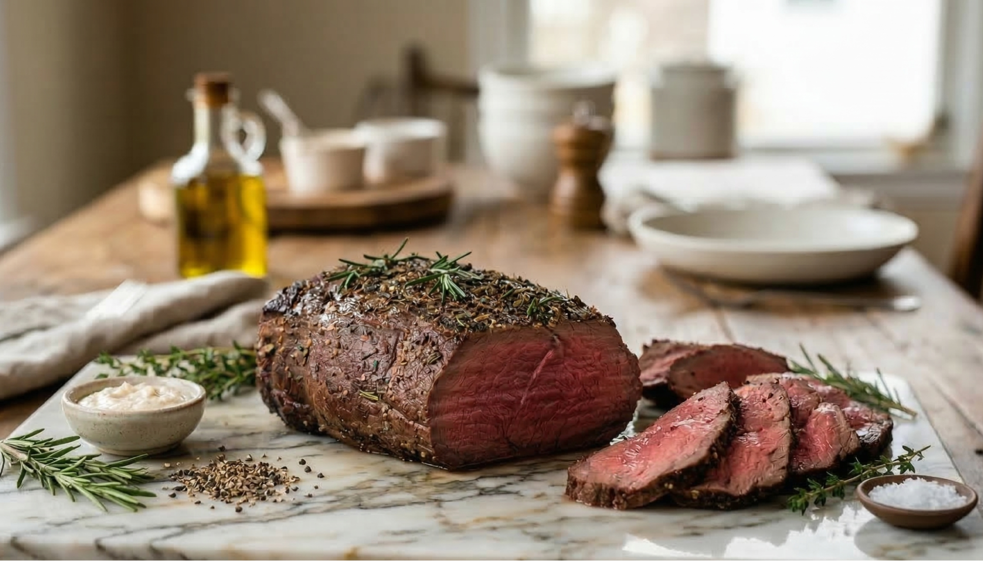 ダイニングテーブルでゲストの目の前でローストビーフを切り分ける實光のダマスカス筋引包丁