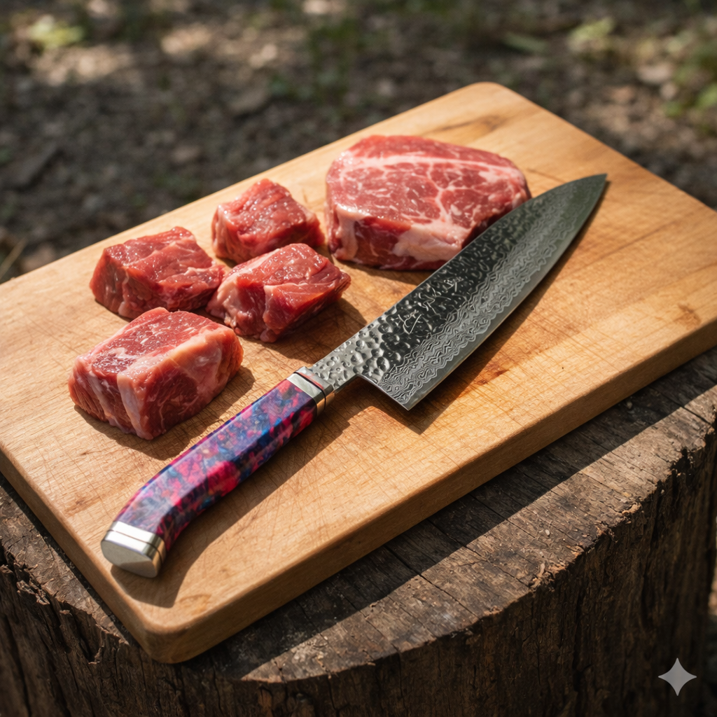 アウトドアの強烈な太陽光を反射し、複雑な紋様を浮かび上がらせる實光のダマスカス鋼