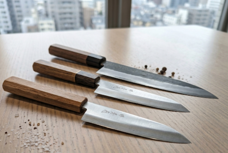 樫柄の中三徳と仕立て違いの包丁が並ぶテーブル上の比較カット