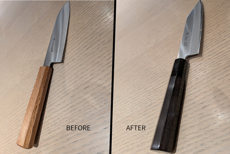 樫柄から黒檀柄・切付加工へ打ち替えた中三徳包丁のBEFORE/AFTER比較画像
